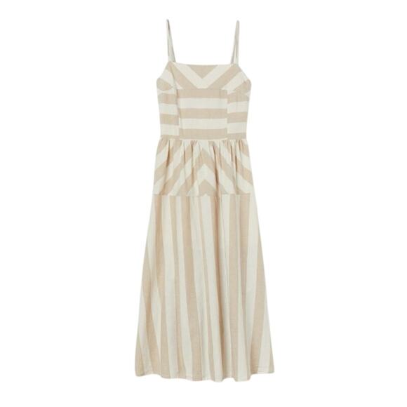 Linen Blend Neutral Beige Stripe Sleeveless Dress XL Midi Smocking Casual H&M - Picture 1 of 10